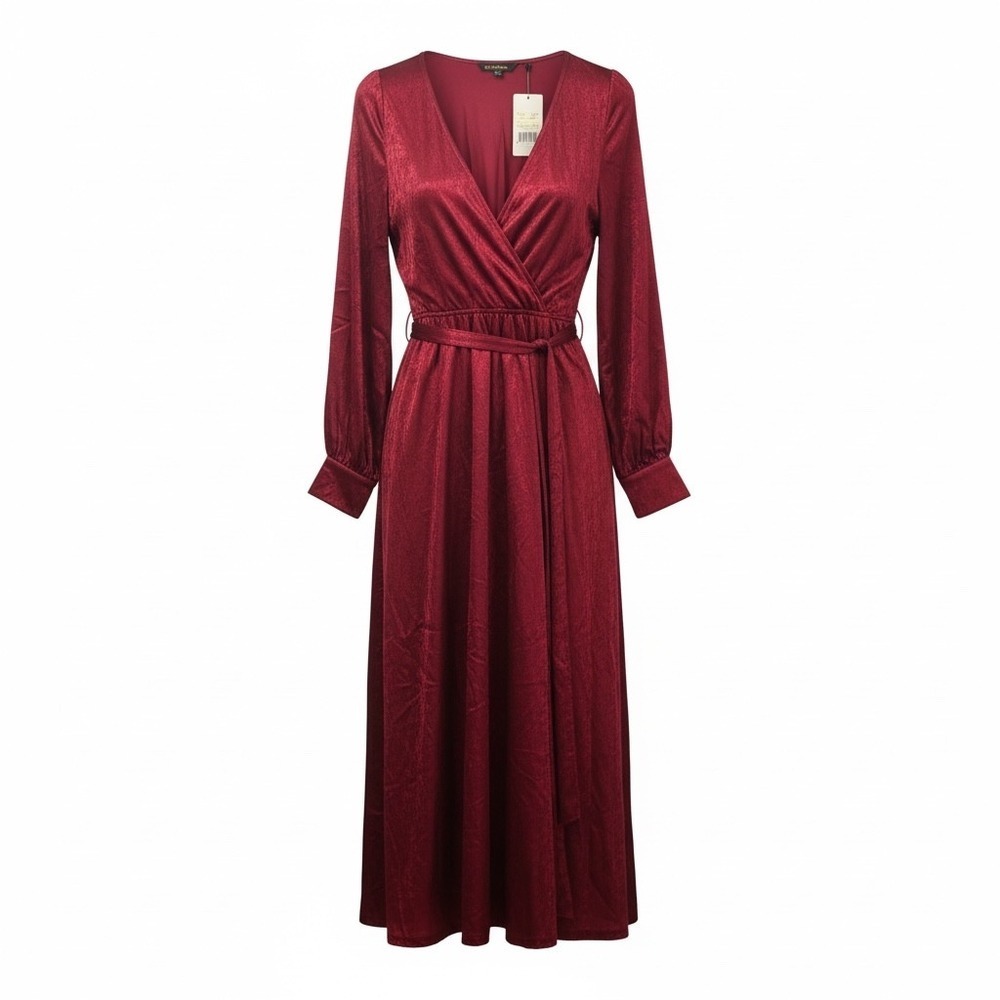 NWT Petal Rose Burgundy Velvet Wrap Maxi Dress Long Sleeve Belted Women L